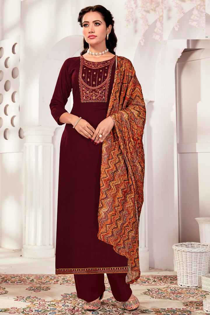 Marvellous Rayon Fabric Casual Look Salwar Suit In Maroon Color