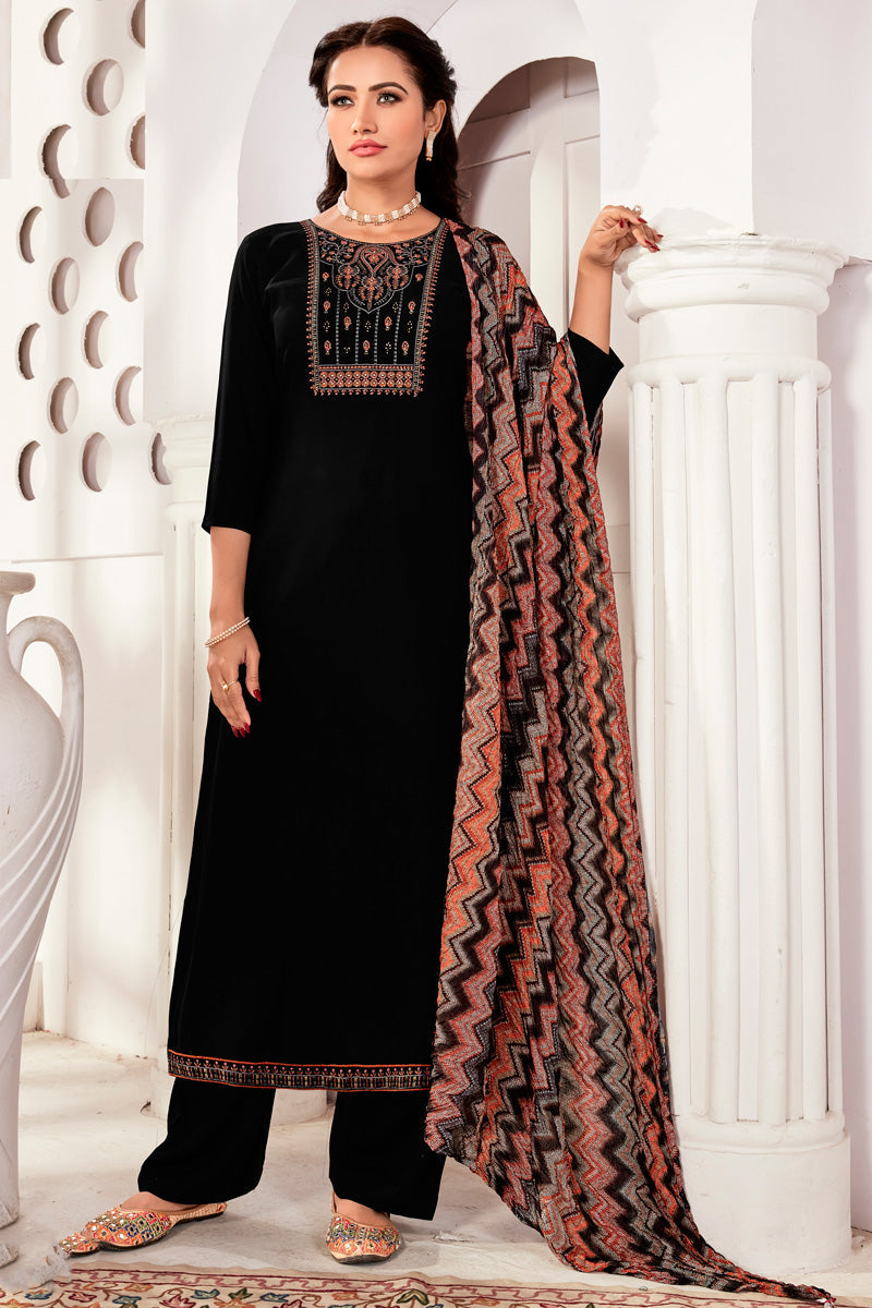 Solid Rayon Fabric Casual Look Salwar Suit In Black Color