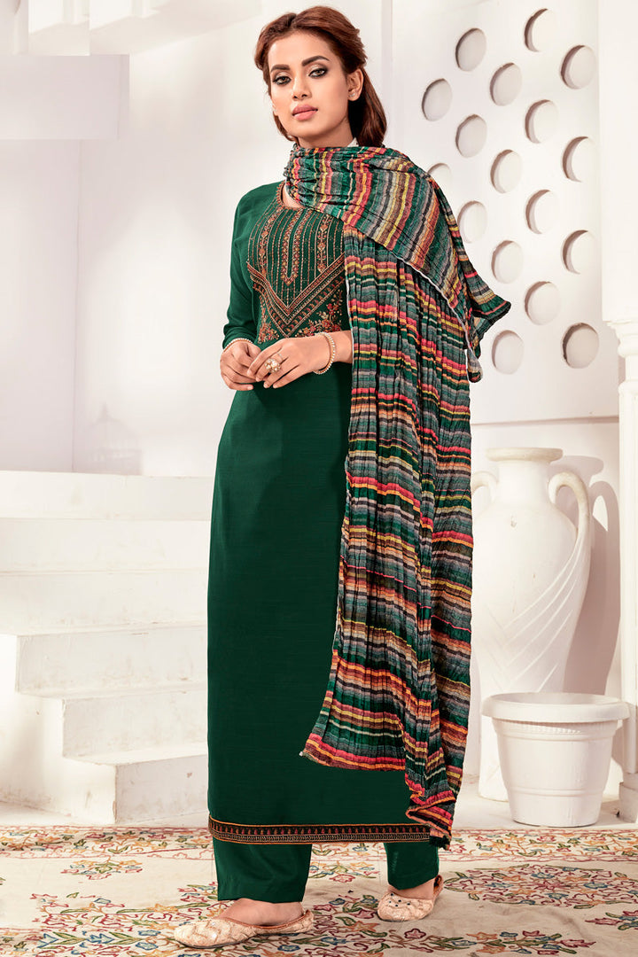 Dark Green Color Rayon Fabric Beauteous Casual Look Salwar Suit