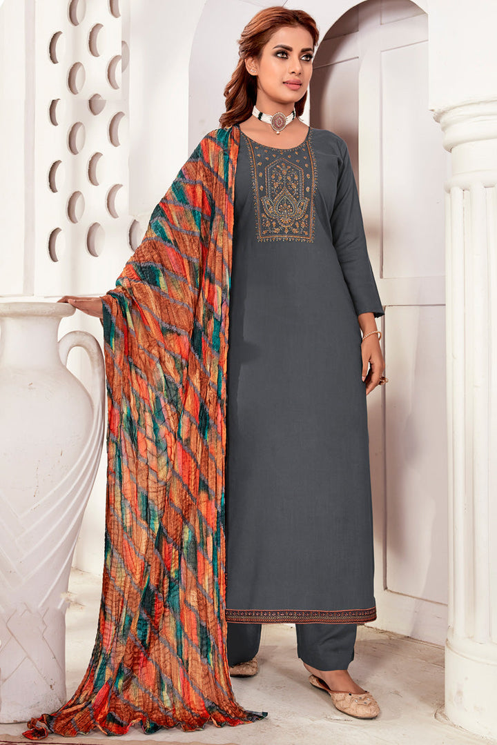 Sober Grey Color Rayon Fabric Casual Look Salwar Suit
