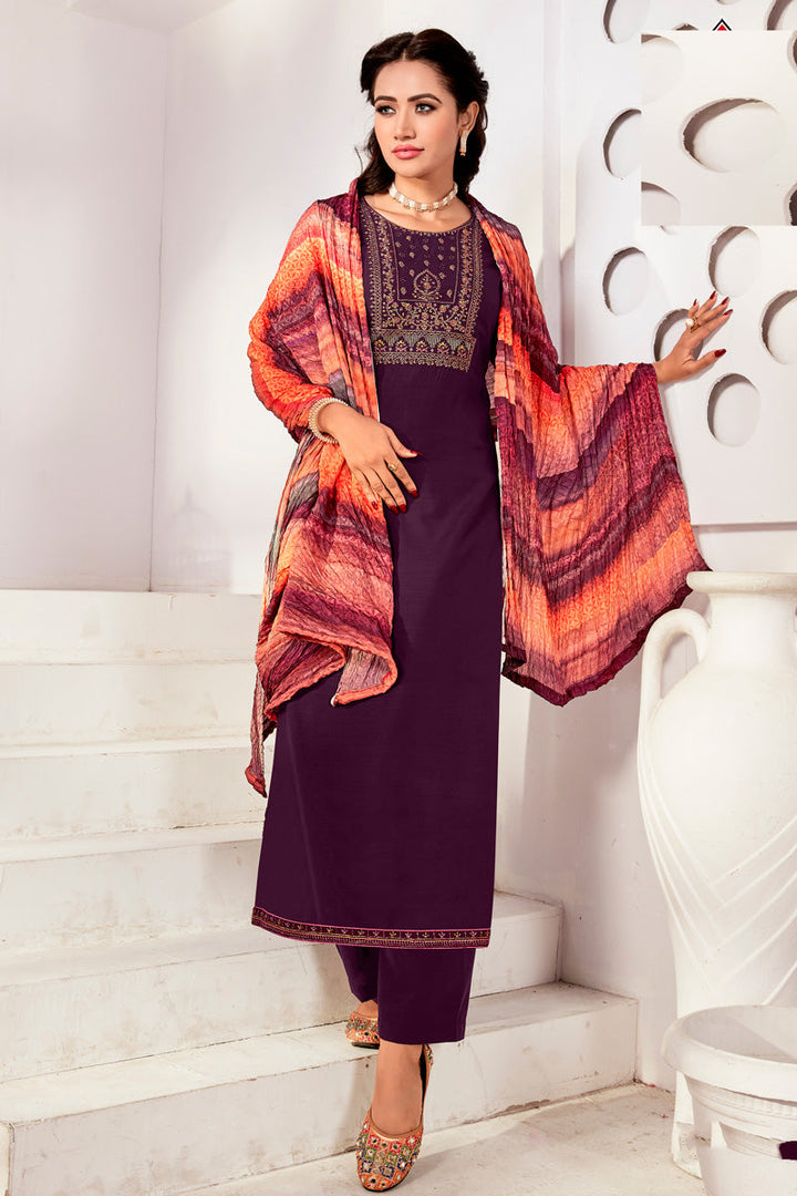 Entrancing Rayon Fabric Casual Look Salwar Suit In Purple Color