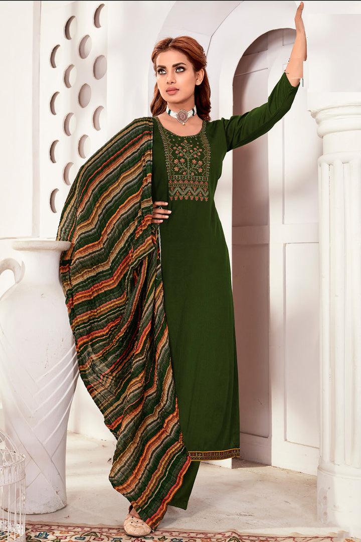 Charming Mehendi Green Color Rayon Fabric Casual Look Salwar Suit
