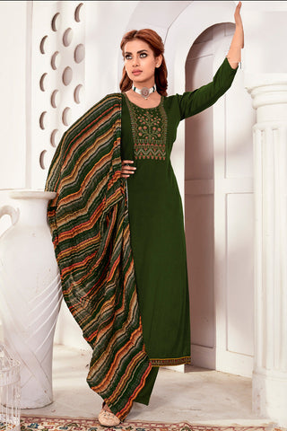 Charming Mehendi Green Color Rayon Fabric Casual Look Salwar Suit