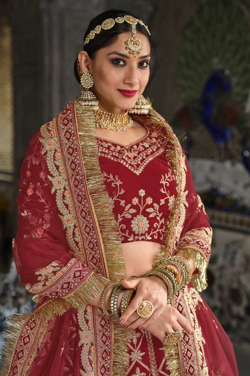 Stunning Velvet Fabric Maroon Color Bridal Look Lehenga