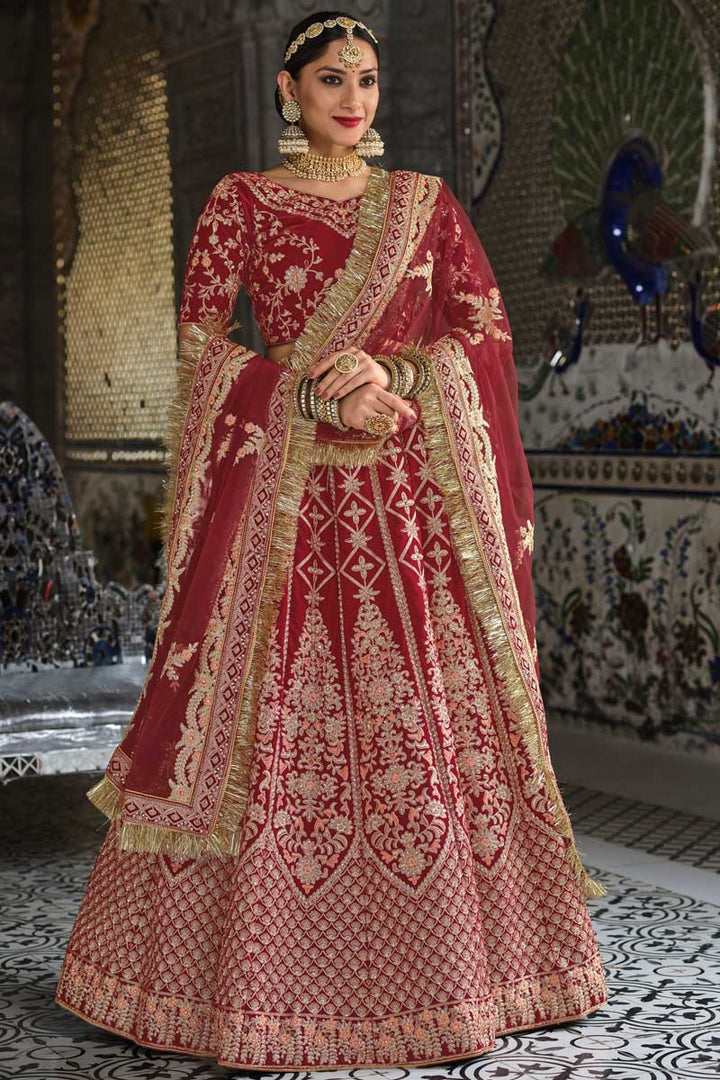 Stunning Velvet Fabric Maroon Color Bridal Look Lehenga