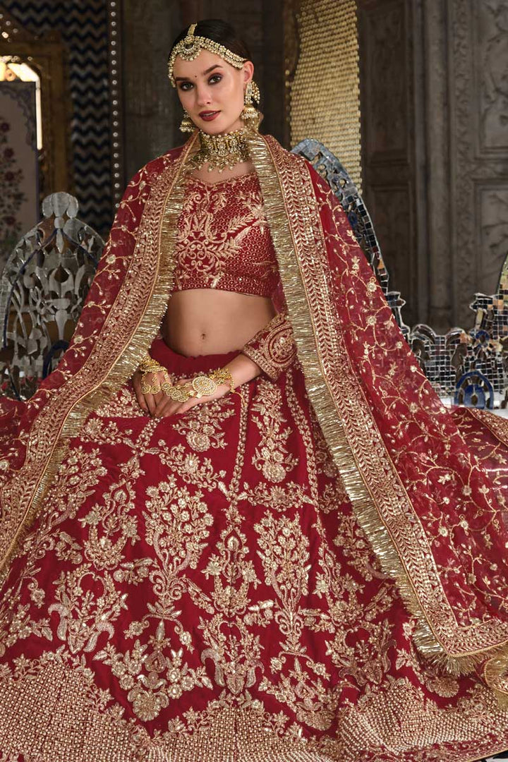 Maroon Color Splendid Bridal Look Lehenga In Velvet Fabric