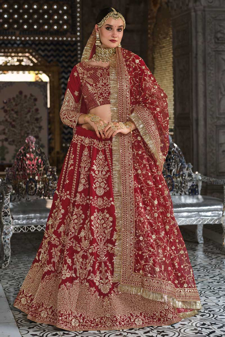 Maroon Color Splendid Bridal Look Lehenga In Velvet Fabric