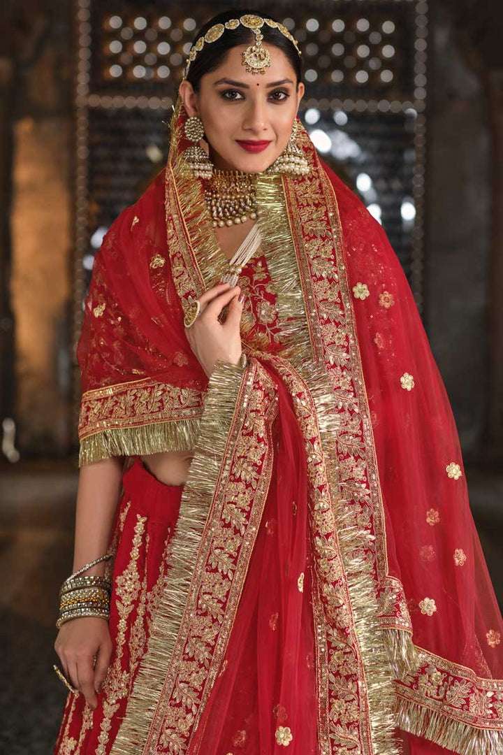 Velvet Fabric Brilliant Bridal Look Lehenga In Red Color