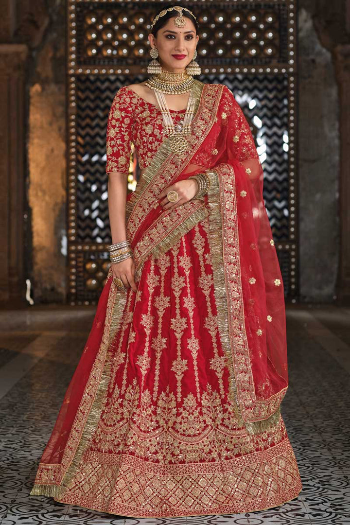 Velvet Fabric Brilliant Bridal Look Lehenga In Red Color