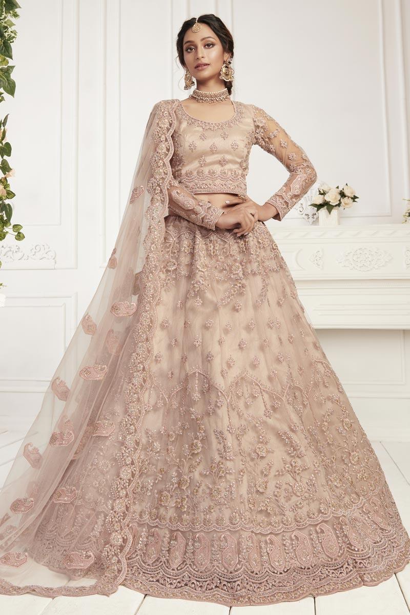 Peach Color Net Fabric Fancy Sangeet Wear Lehenga Choli