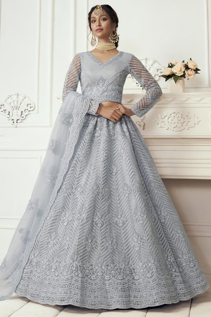 Sangeet Wear Grey Color Net Fabric Designer Lehenga Choli