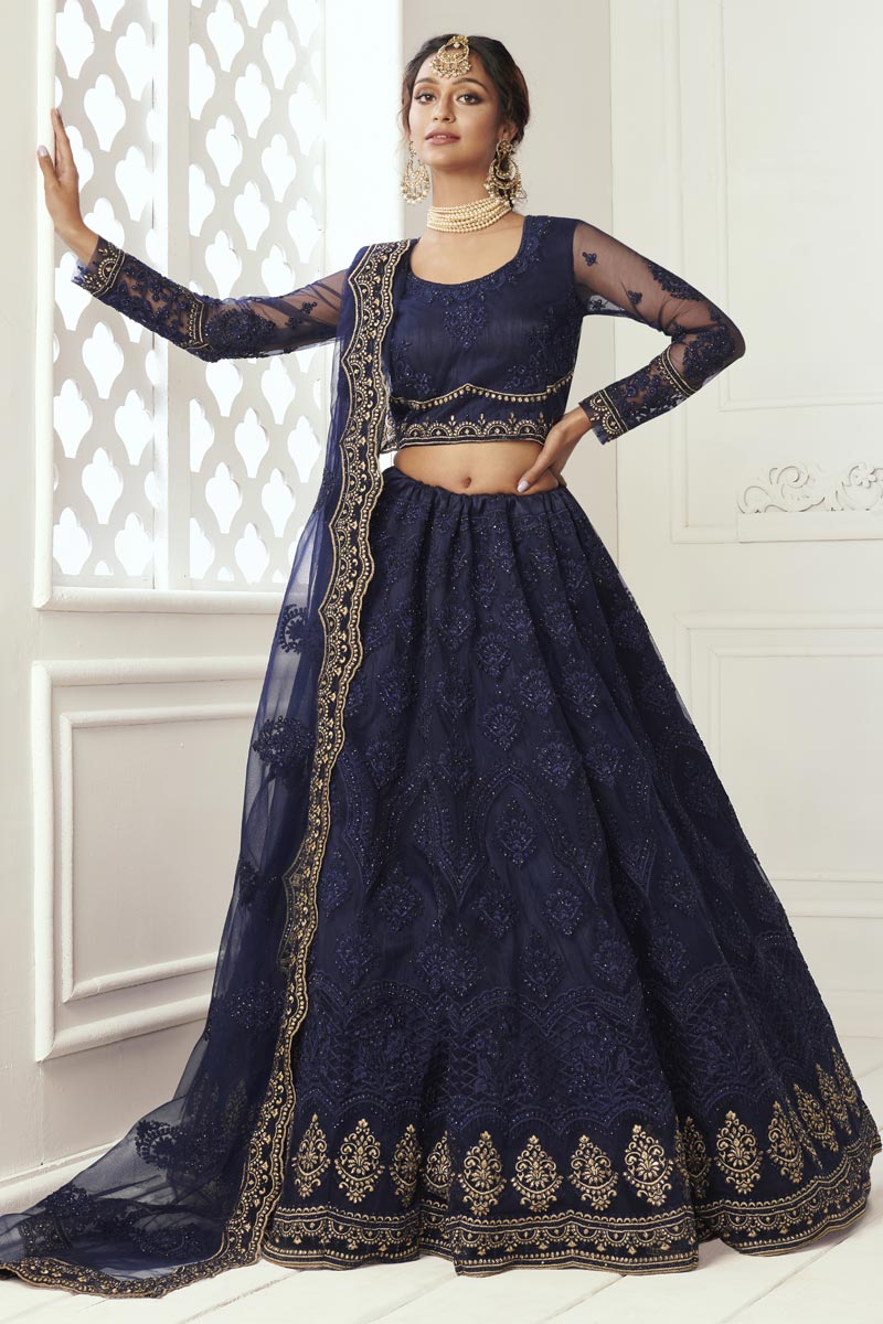 Navy Blue Net Stylish Sangeet Wear Lehenga Choli