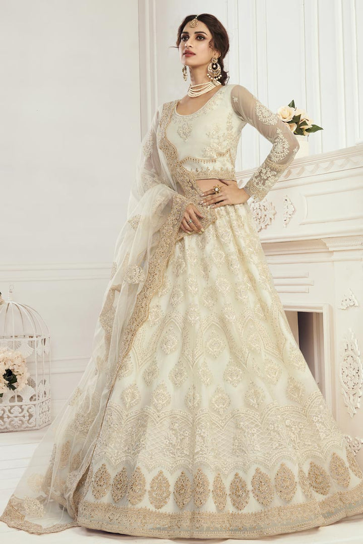 Net Fabric Beige Color Trendy Wedding Wear Lehenga Choli