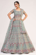 Load image into Gallery viewer, Majestic Light Cyan Net Embroidered Wedding Wear Lehenga Choli
