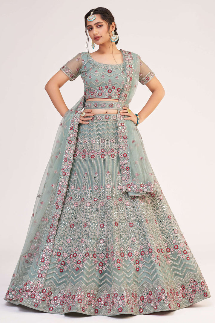 Majestic Light Cyan Net Embroidered Wedding Wear Lehenga Choli