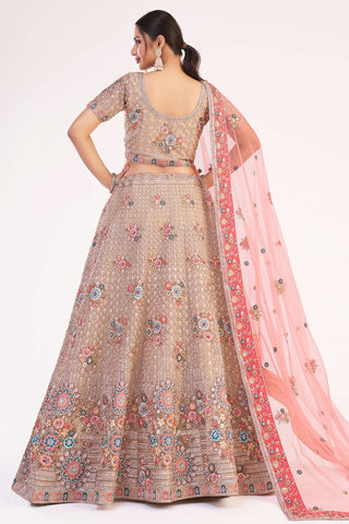 Peach Net Magnificent Embroidered Wedding Lehenga Choli