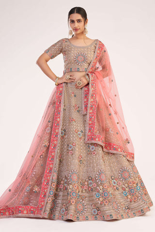 Peach Net Magnificent Embroidered Wedding Lehenga Choli