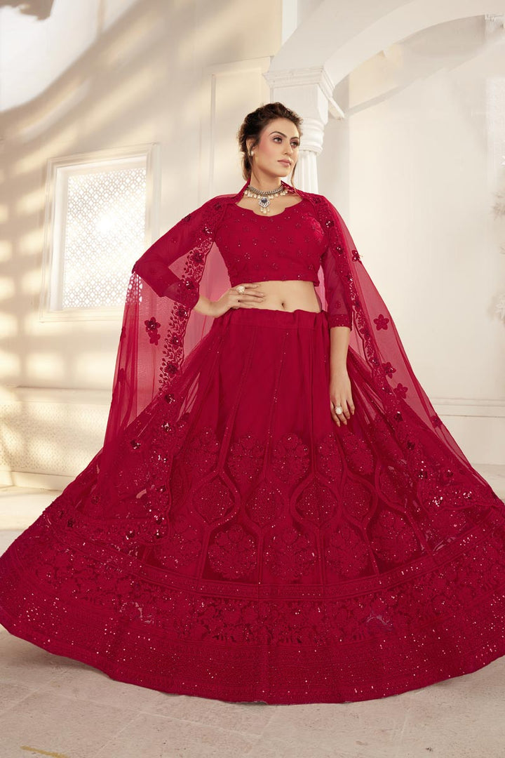 Dazzling Net Fabric Red Color Function Wear Lehenga With Embroidered Work