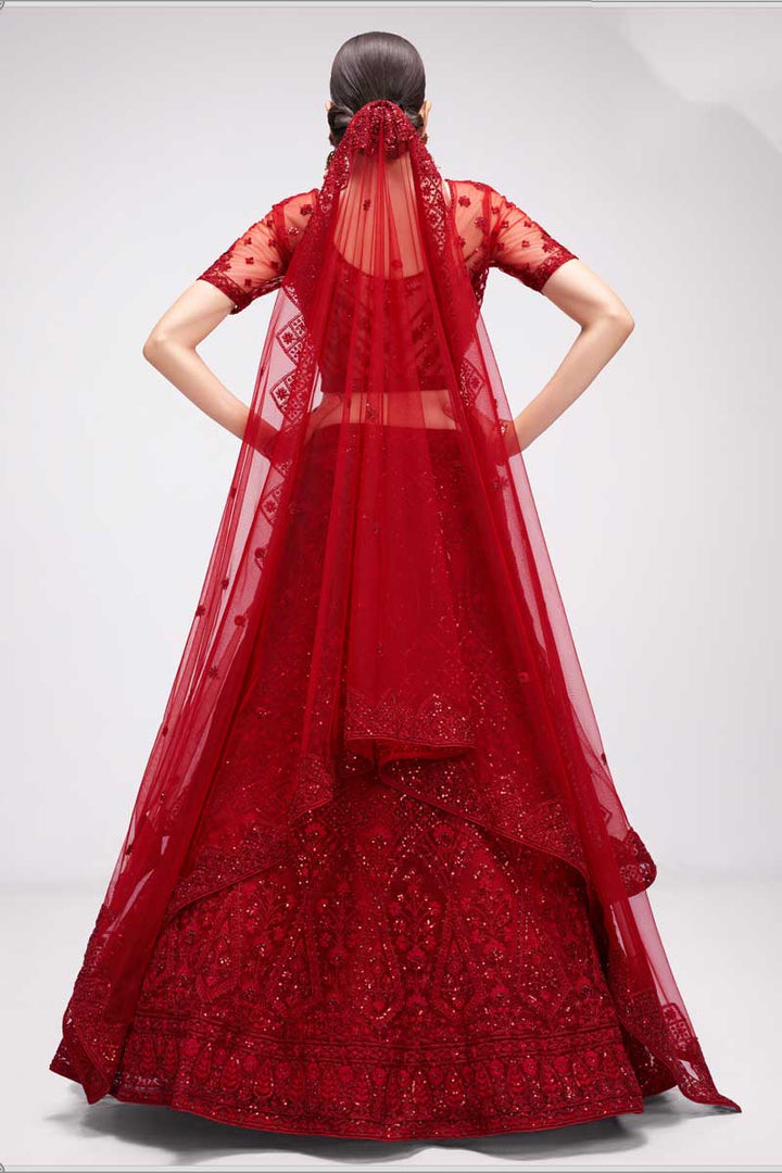 Engaging Red Color Net Fabric Lehenga With Embroidered Work