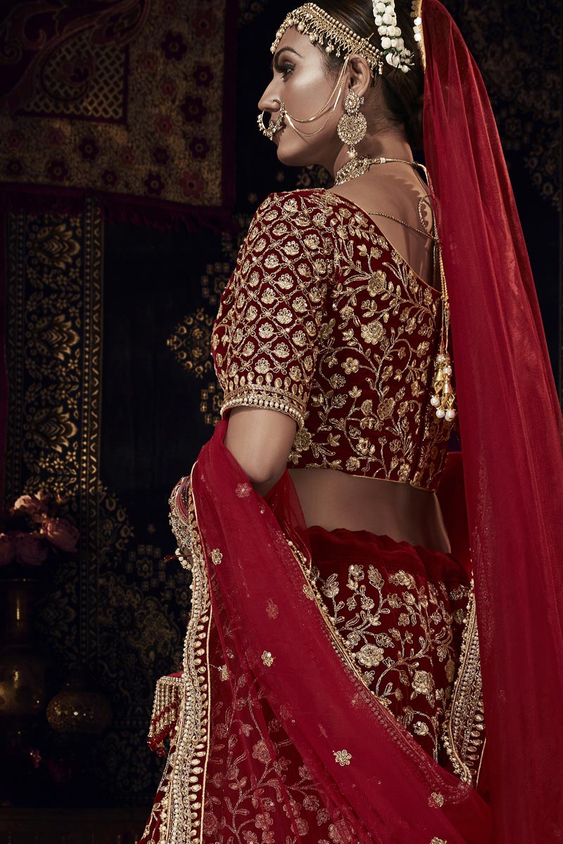 Heavy Embroidered Maroon Velvet Bridal Lehenga Choli