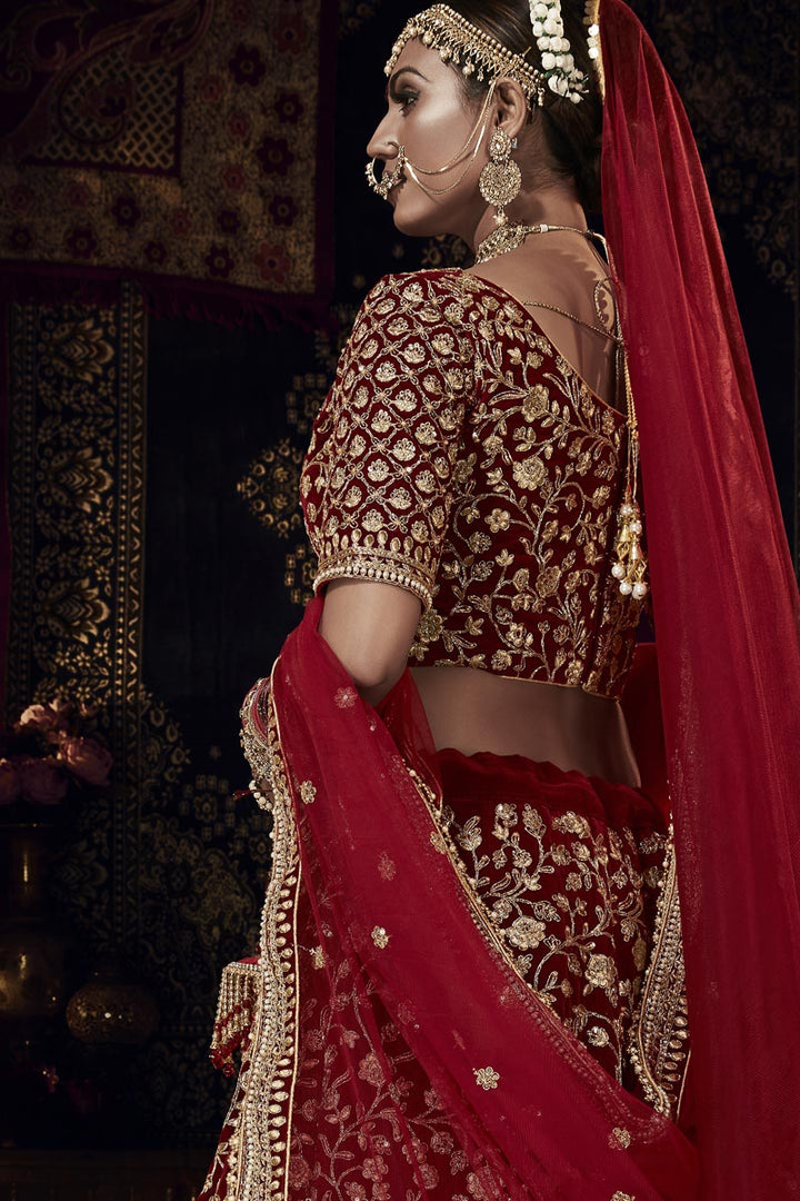 Heavy Embroidered Maroon Velvet Bridal Lehenga Choli