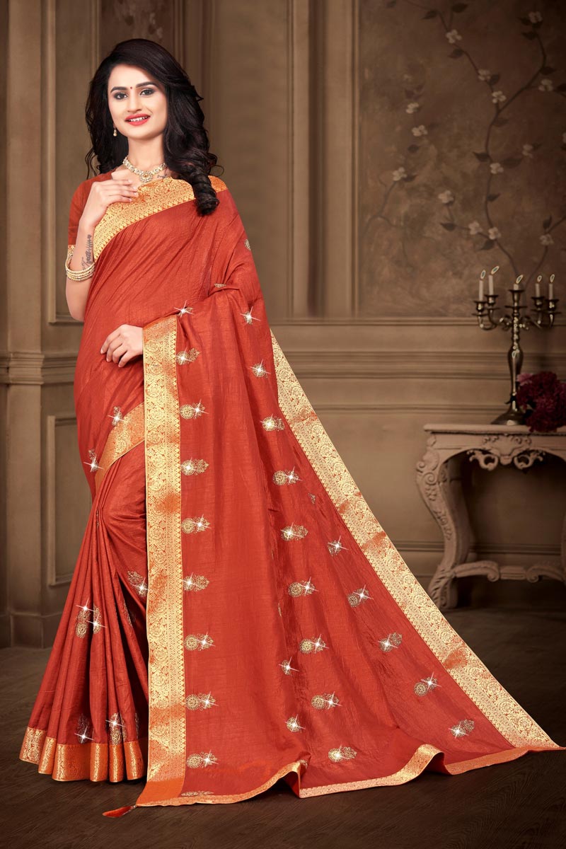 Designer Rust Color Art Silk Fabric Party Wear Saree