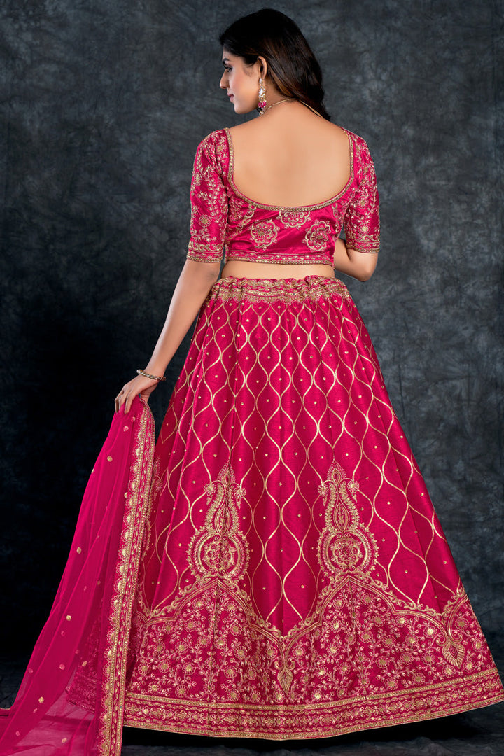 Silk Fabric Rani Color Sangeet Wear Delicate Lehenga