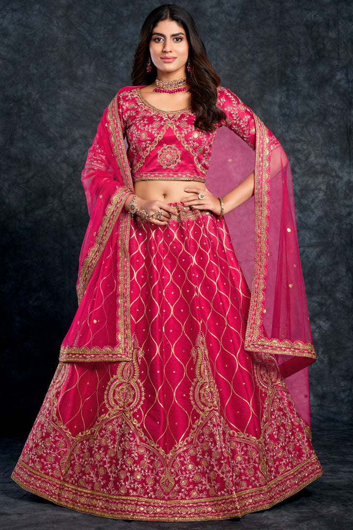 Silk Fabric Rani Color Sangeet Wear Delicate Lehenga