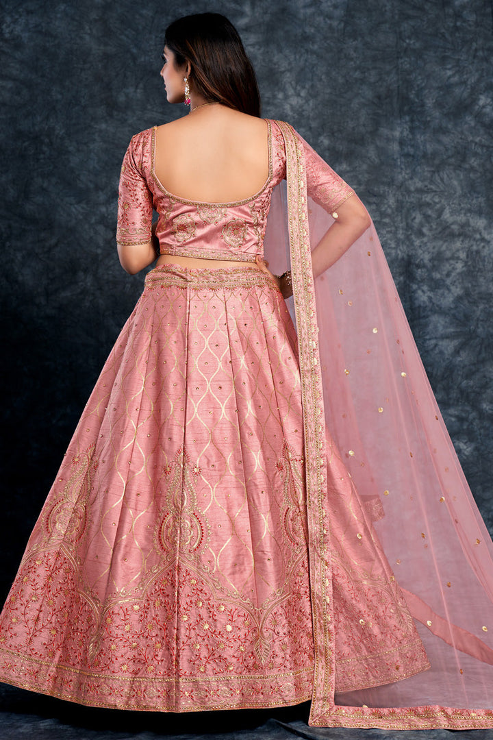 Silk Fabric Sangeet Wear Winsome Pink Color Lehenga