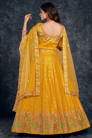 Silk Fabric Sangeet Wear Brilliant Lehenga In Yellow Color