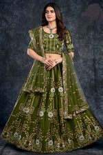 Load image into Gallery viewer, Mehendi Green Color Silk Fabric Sangeet Wear Appealing Lehenga
