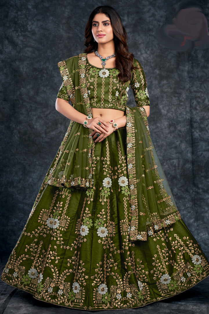 Mehendi Green Color Silk Fabric Sangeet Wear Appealing Lehenga