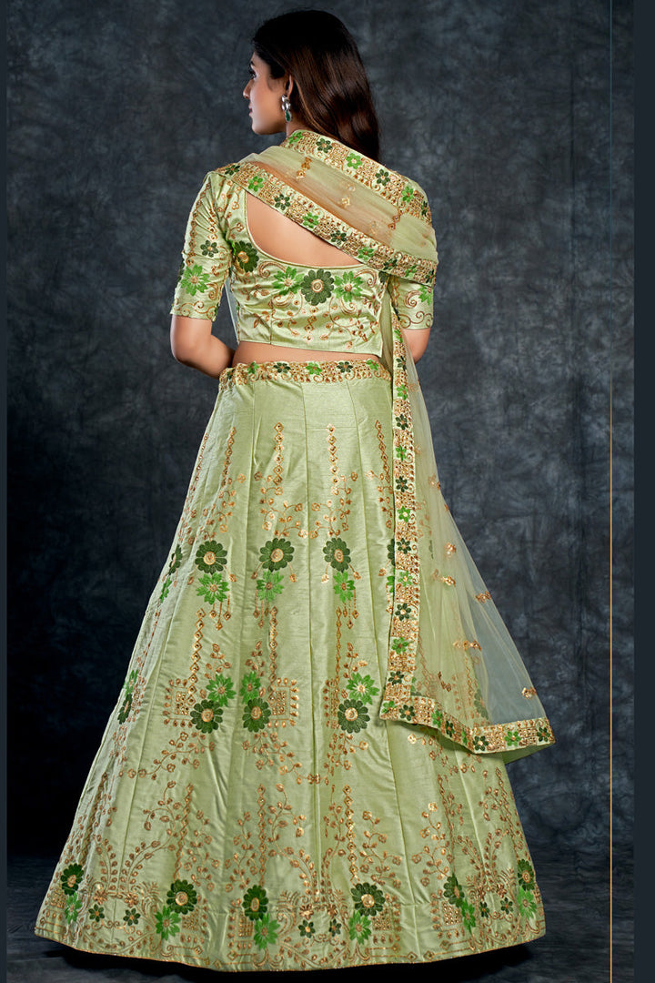Silk Fabric Sangeet Wear Wonderful Lehenga In Sea Green Color