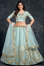 Load image into Gallery viewer, Silk Fabric Sangeet Wear Lovely Lehenga In Light Cyan Color
