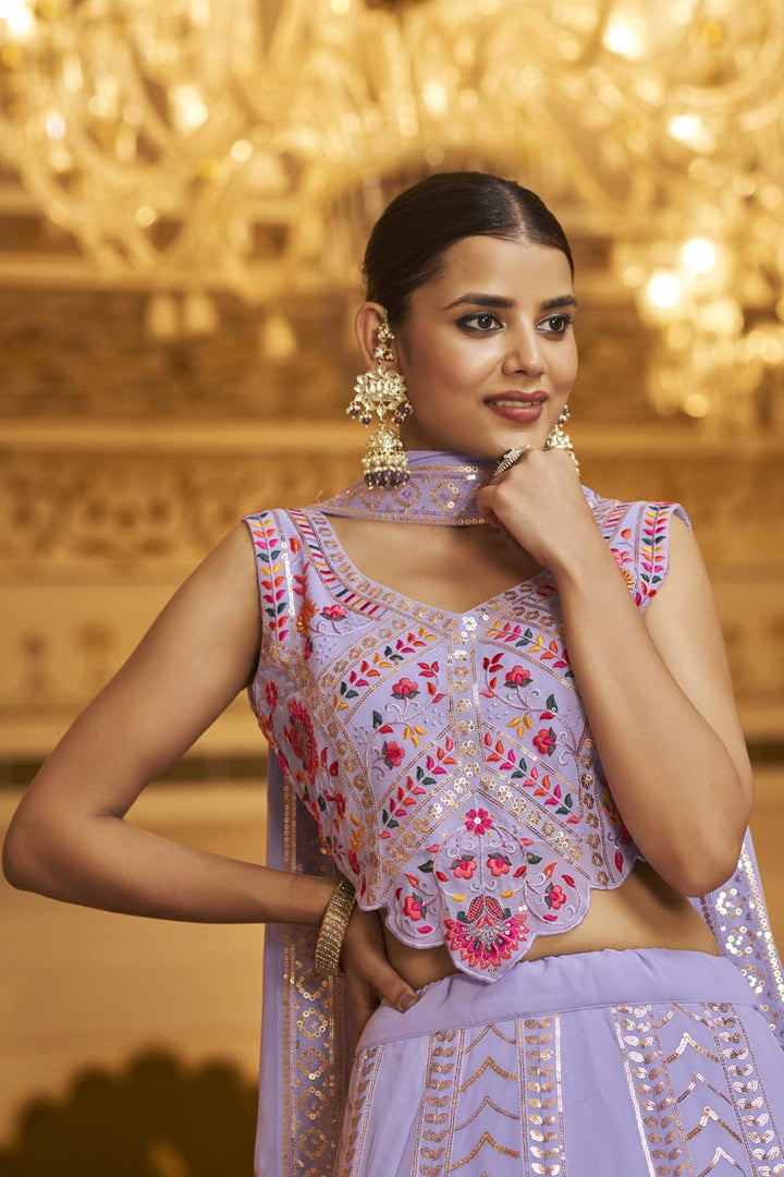 Winsome Embroidered Work On Lavender Color Georgette Lehenga