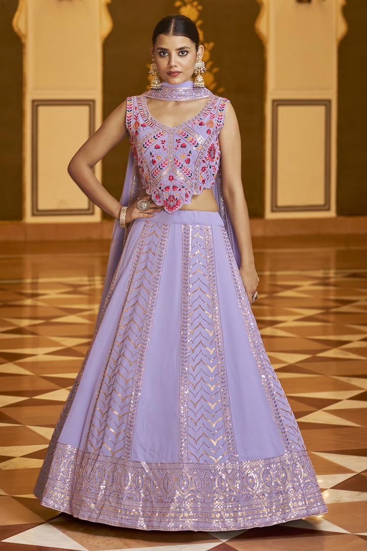 Winsome Embroidered Work On Lavender Color Georgette Lehenga
