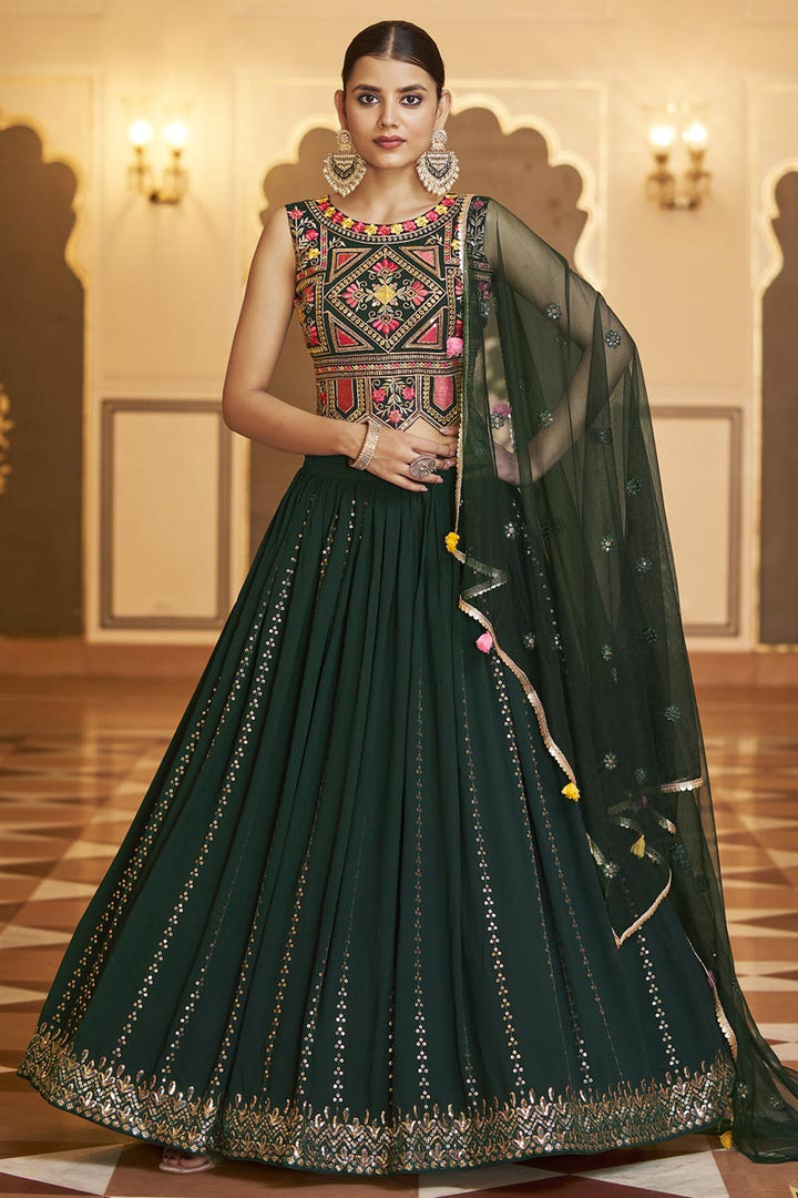 Sober Embroidered Work On Georgette Lehenga In Dark Green Color