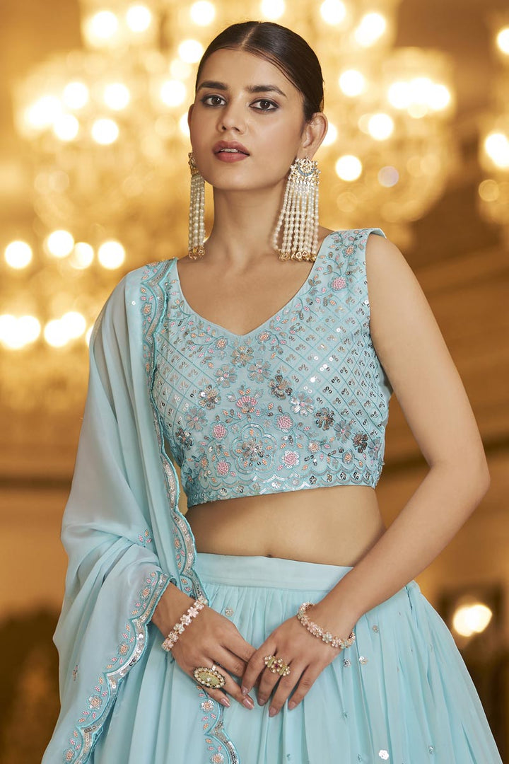 Cyan Color Georgette Lehenga With Fascinating Embroidered Work