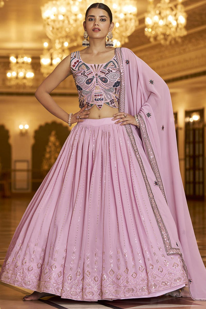 Pink Color Georgette Lehenga With Pleasing Embroidered Work
