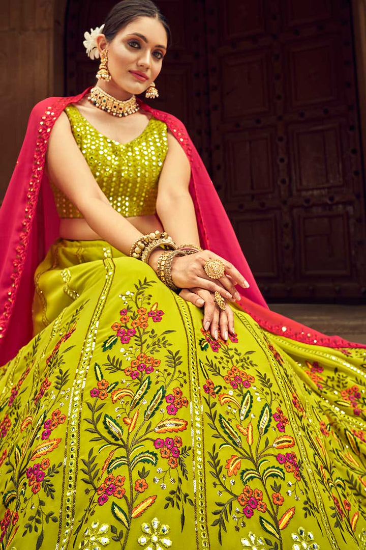 Green Color Engrossing Embroidered Lehenga In Georgette Fabric