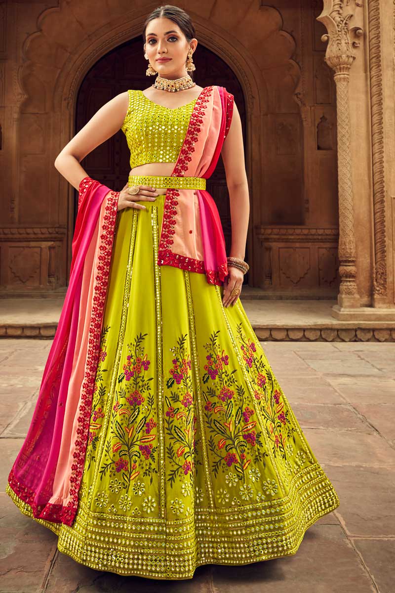 Green Color Engrossing Embroidered Lehenga In Georgette Fabric