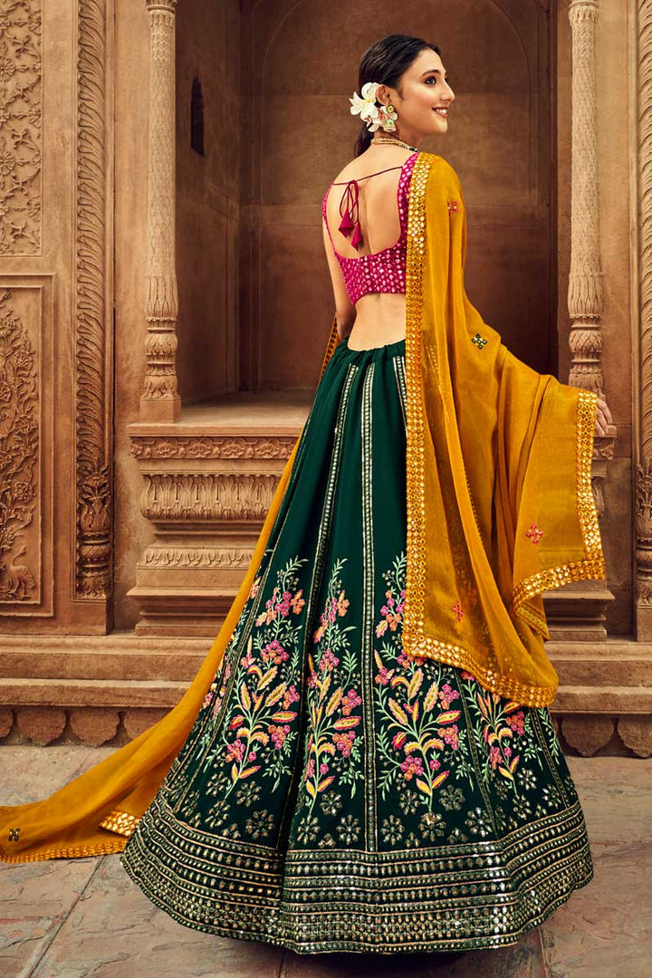 Riveting Embroidered Georgette Fabric  Lehenga In Dark Green Color