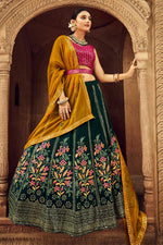 Load image into Gallery viewer, Riveting Embroidered Georgette Fabric  Lehenga In Dark Green Color
