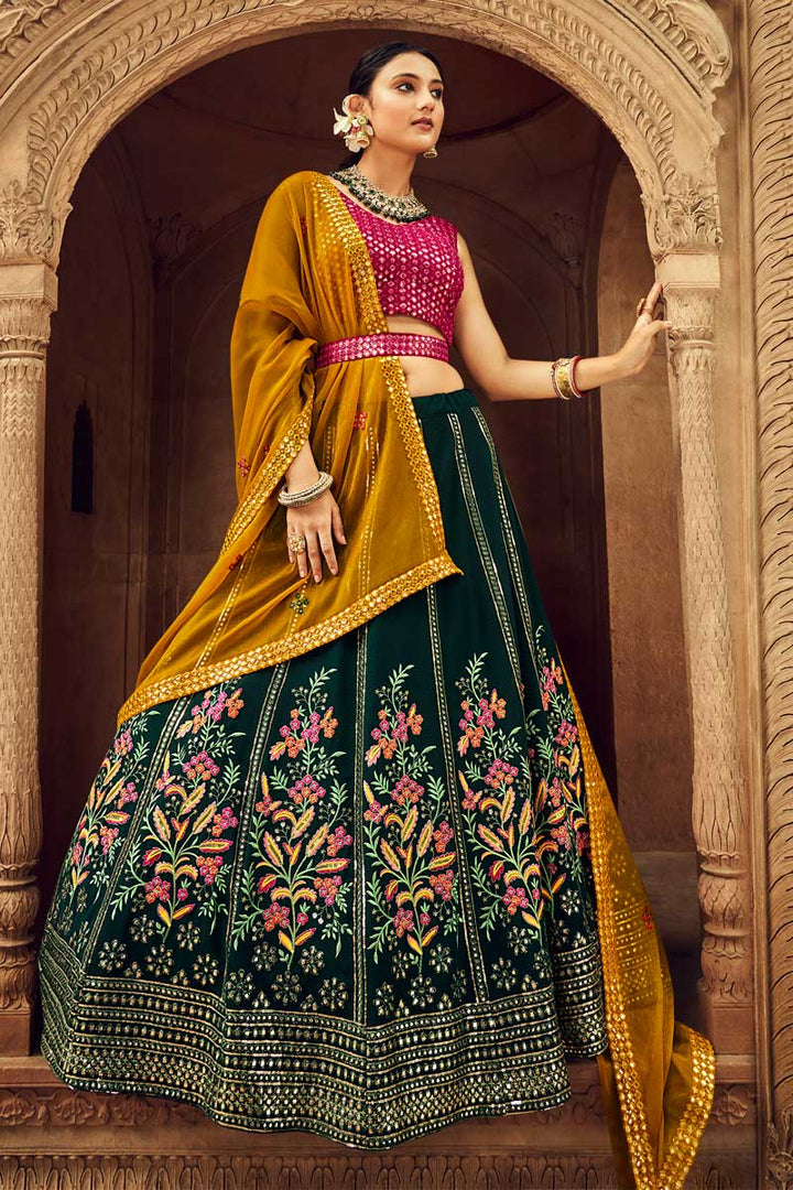 Riveting Embroidered Georgette Fabric  Lehenga In Dark Green Color