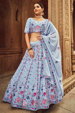 Load image into Gallery viewer, Georgette Fabric Sky Blue Color Engaging Embroidered Lehenga
