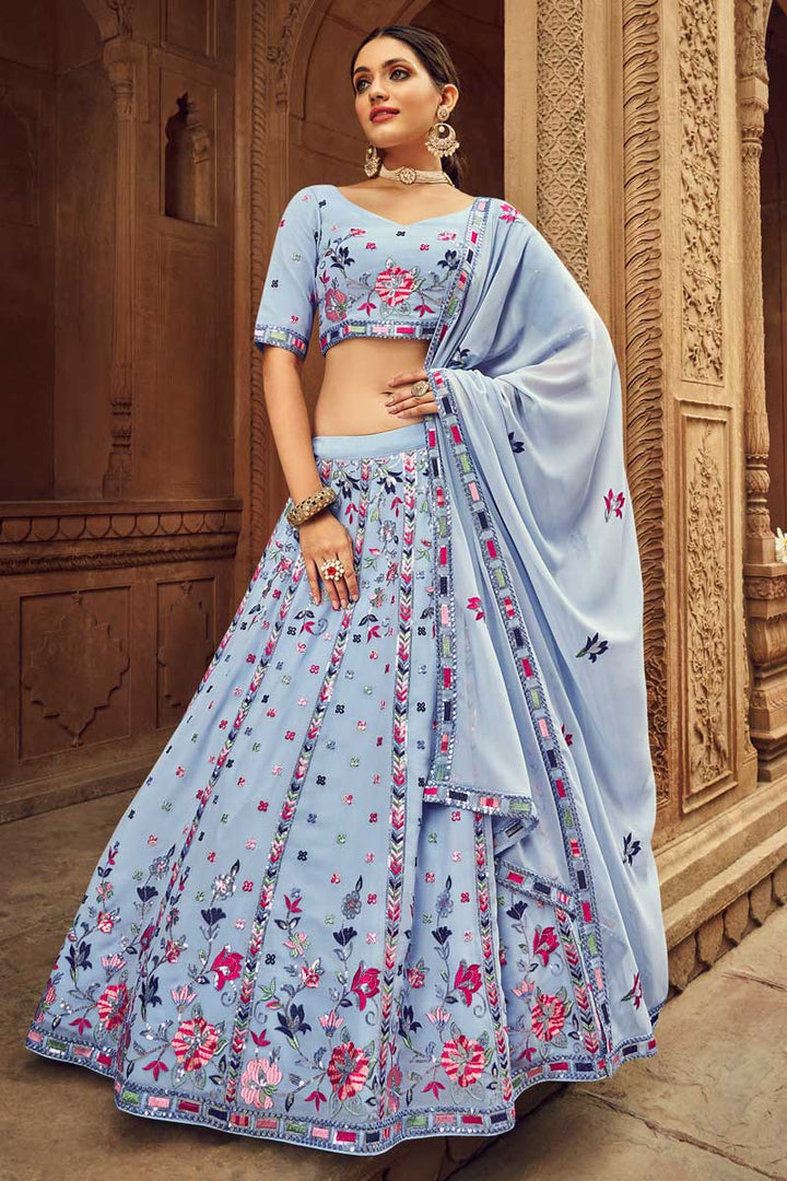 Georgette Fabric Sky Blue Color Engaging Embroidered Lehenga