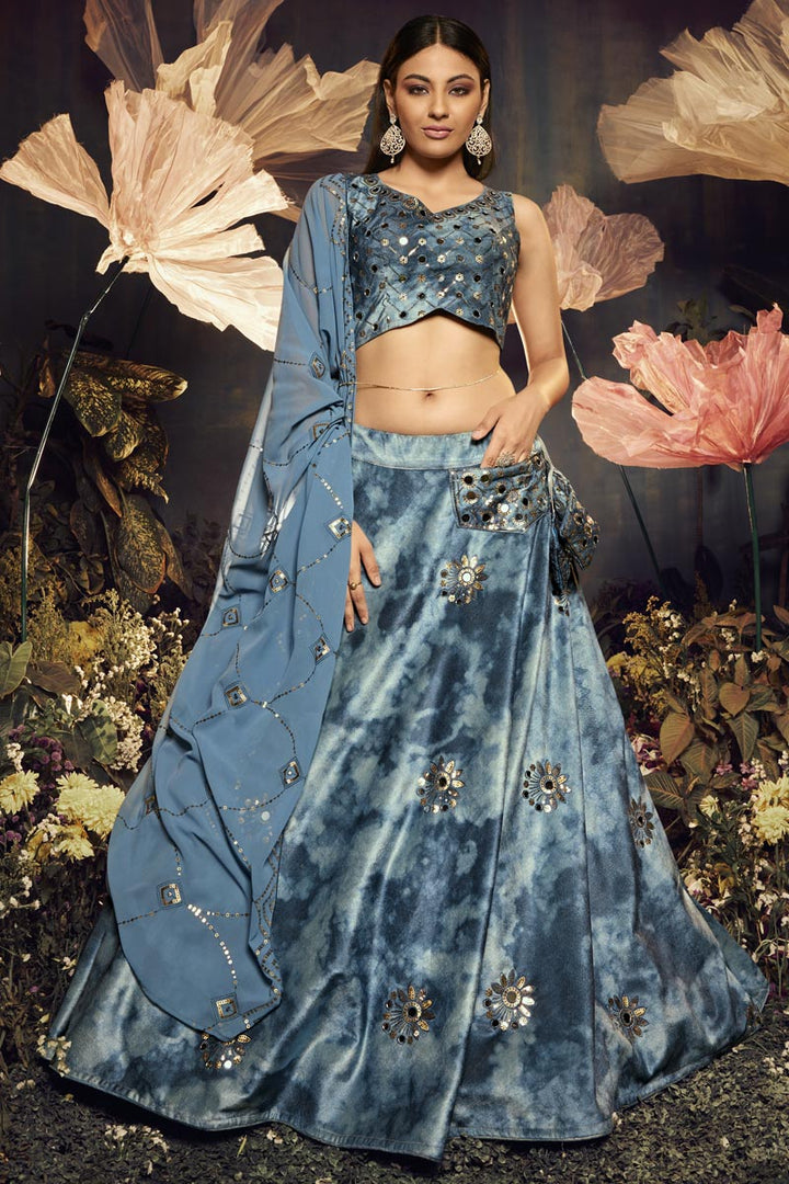 Fabulous Velvet Fabric Sky Blue Color Sangeet Wear Lehenga