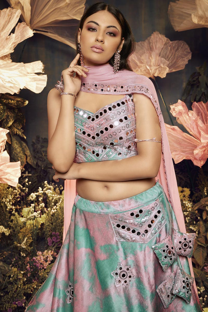 Velvet Fabric Captivating Pink Color Sangeet Wear Lehenga