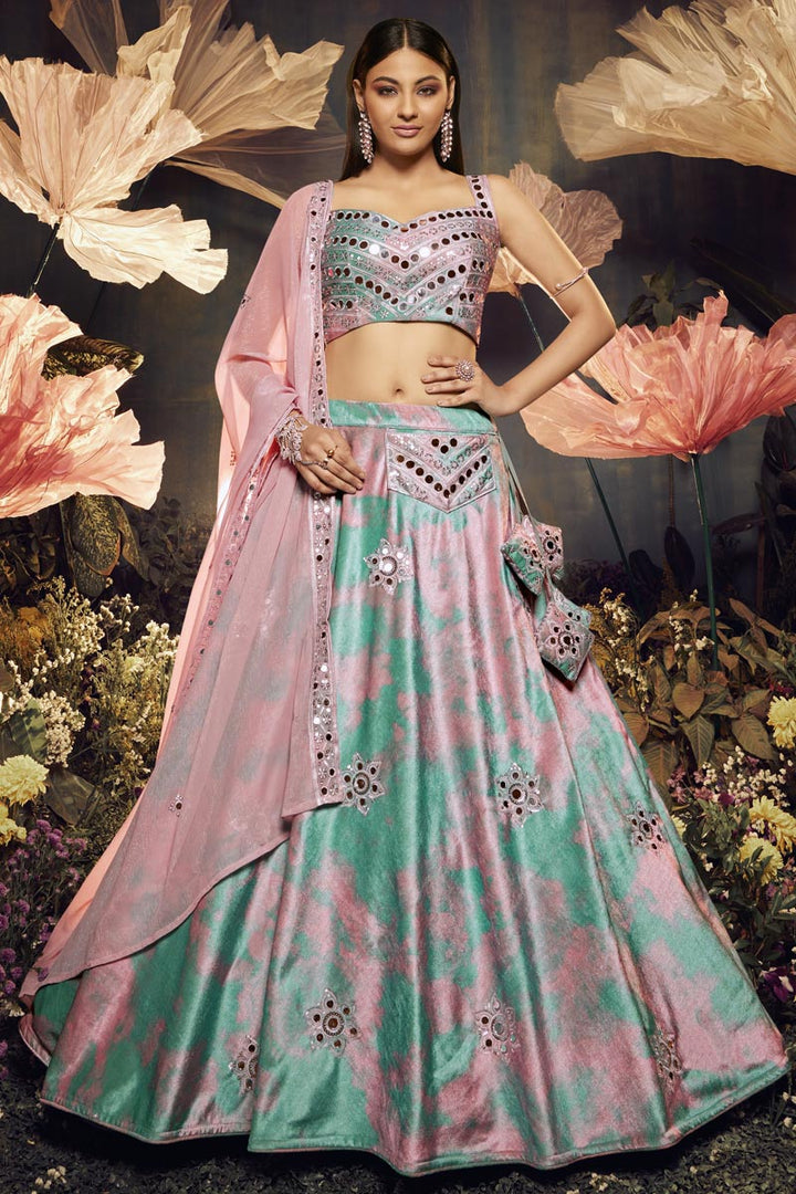 Velvet Fabric Captivating Pink Color Sangeet Wear Lehenga