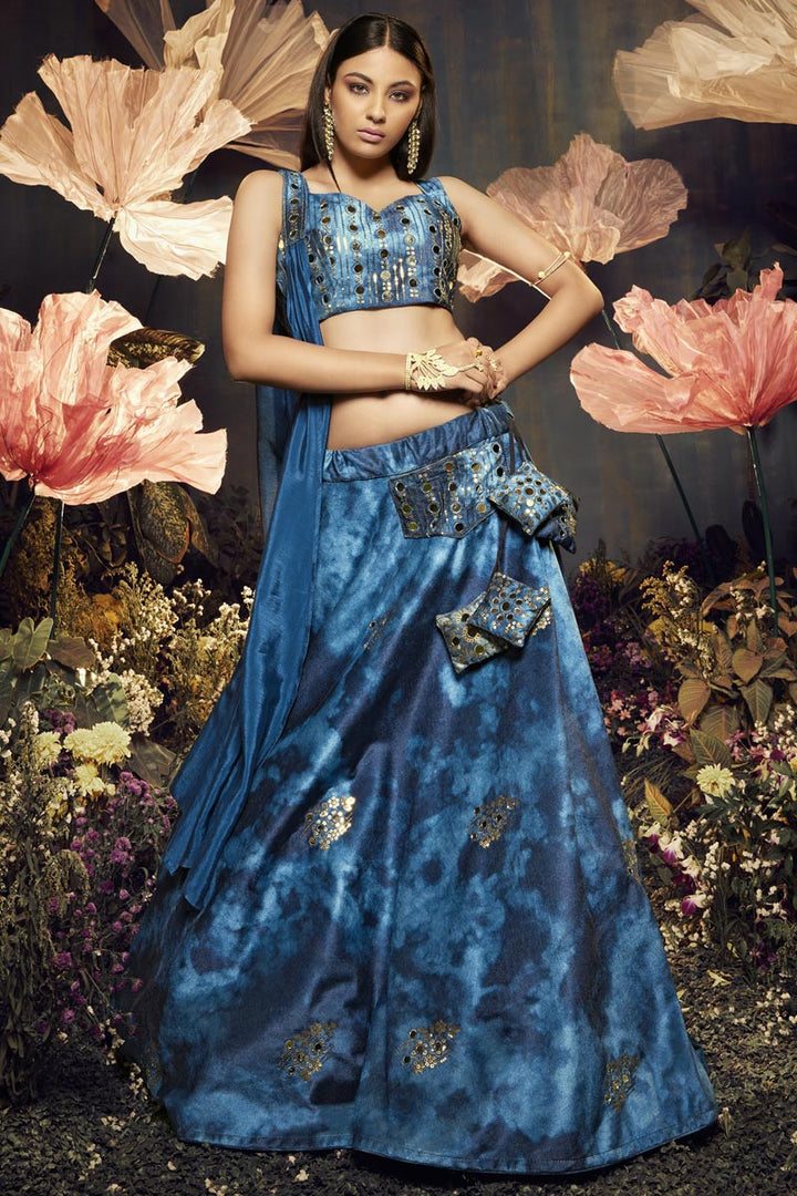 Blue Color Velvet Fabric Glamorous Look Sangeet Wear Lehenga